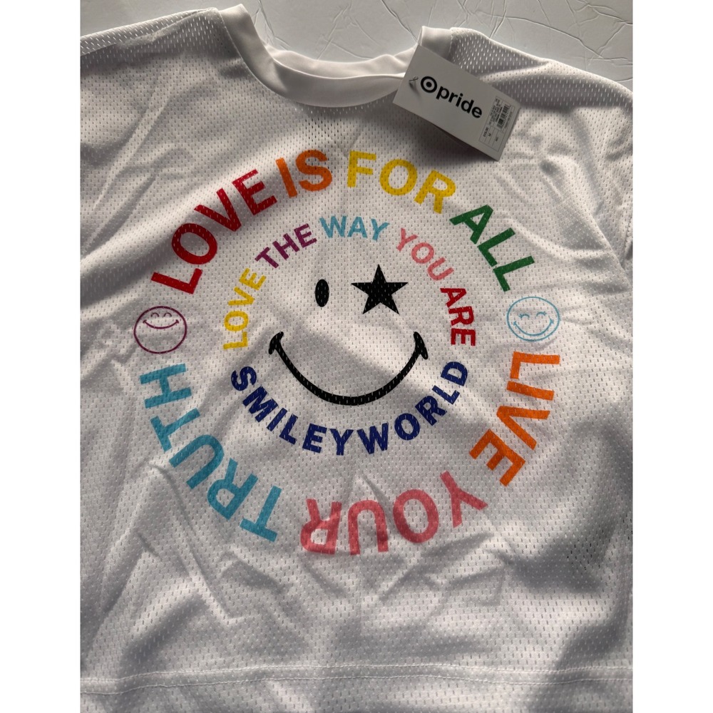 Target Pride SmileyWorld White Mesh Crop Tee Shirt Adult Medium NWT